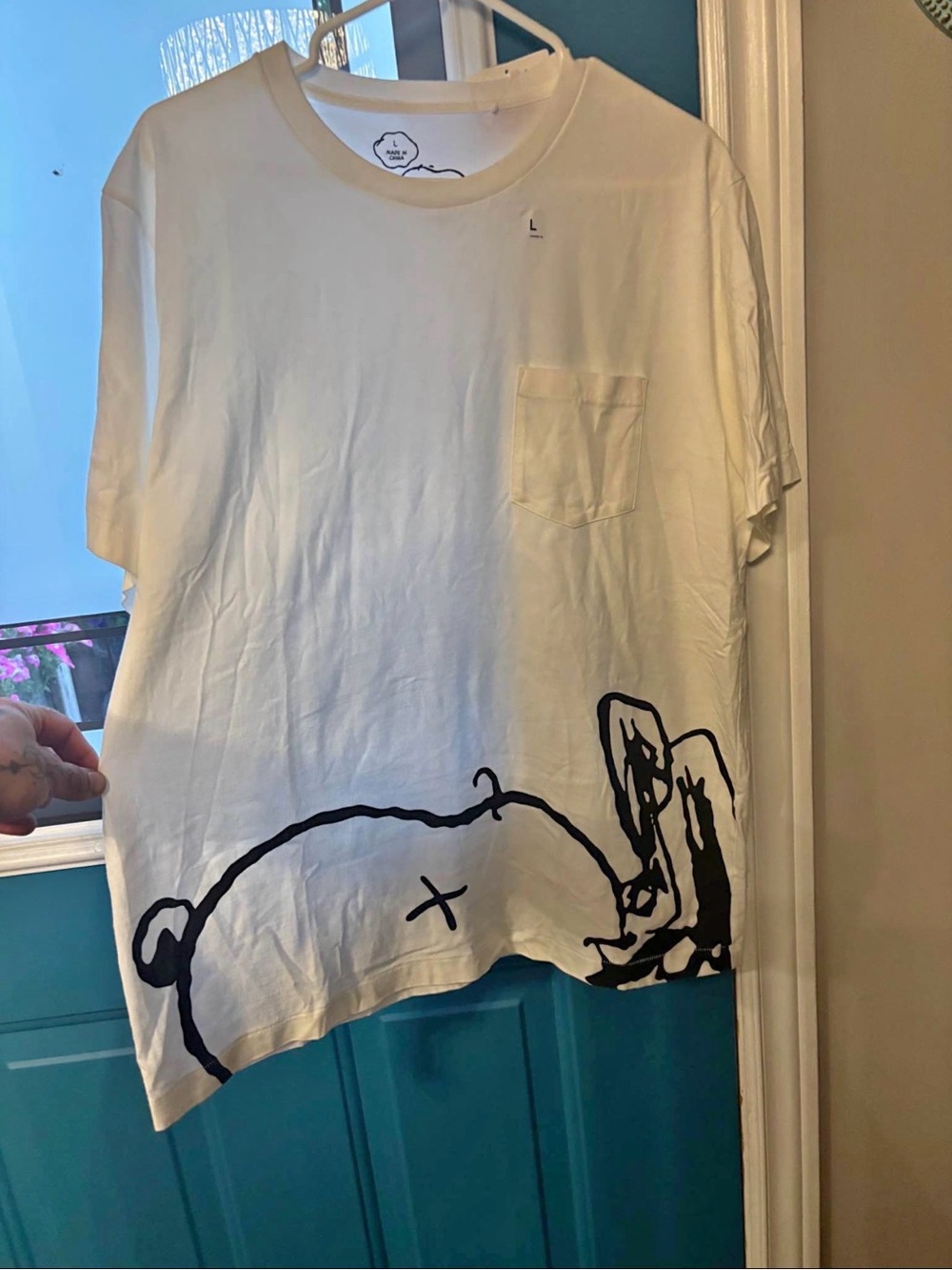 KAWS collab Peanuts Graphic Pocket Tee with Black Cartoon Print - Picture 2 of 4